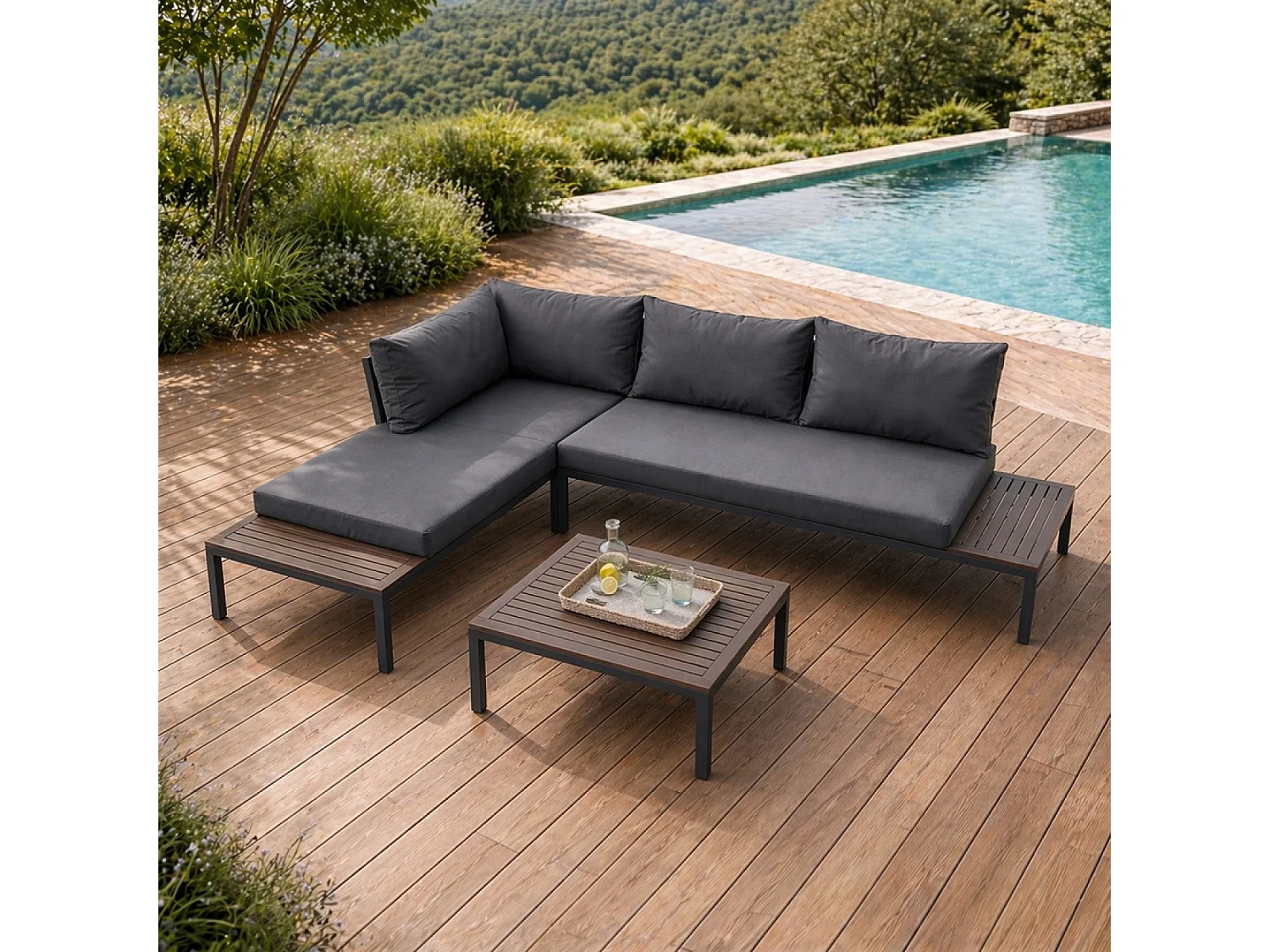 Salon de jardin 3-4 places avec table basse gris foncé MAJURO