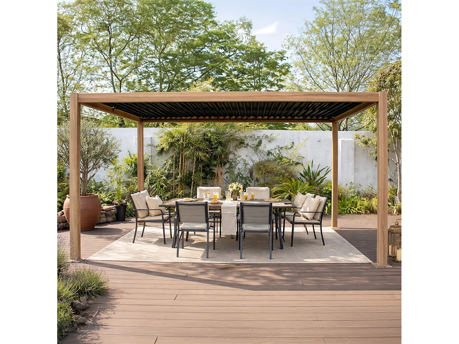 Pergola bioclimatique structure et lames orientables en aluminium effet bois 4x3m RHODES