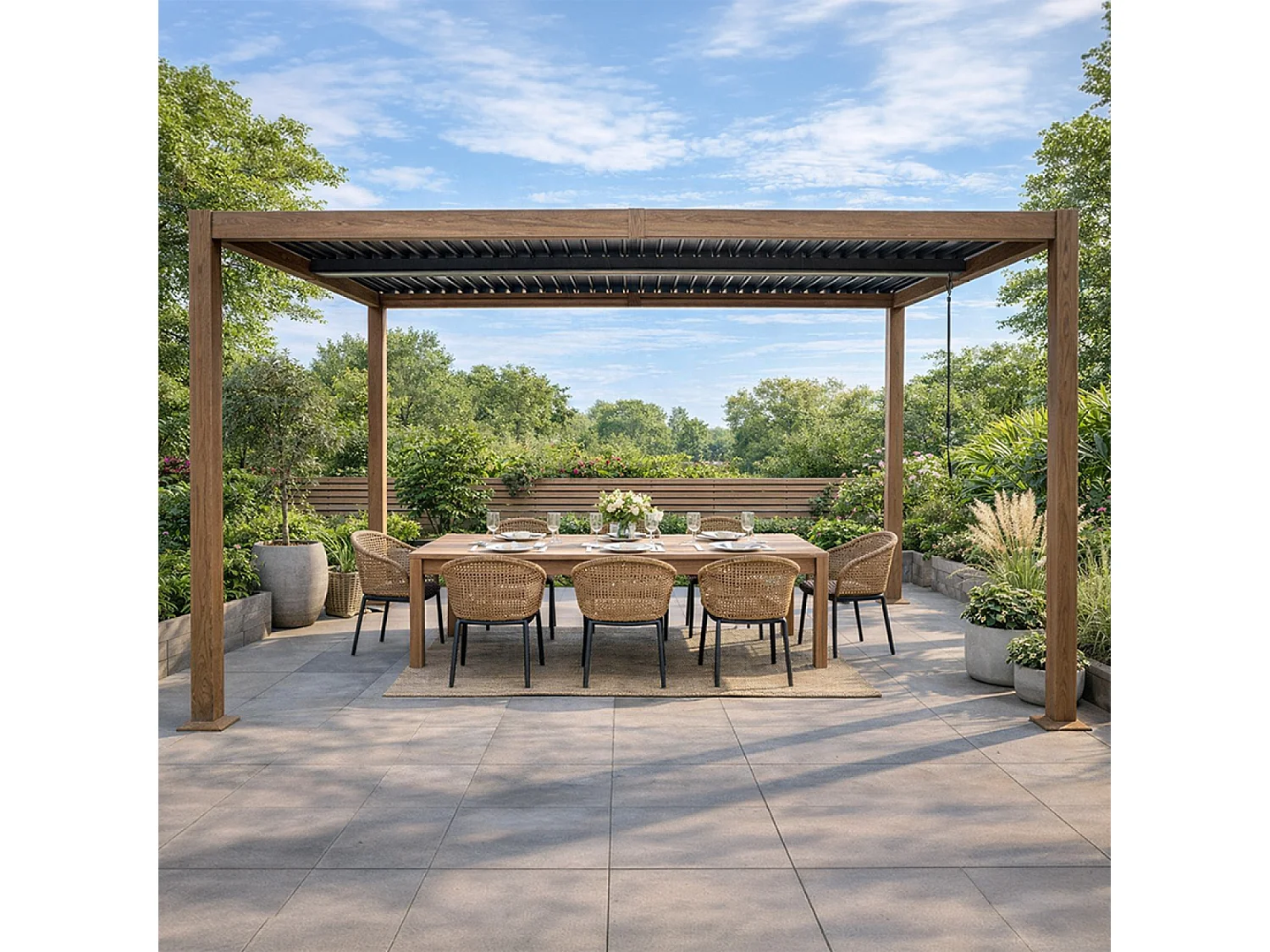 Pergola bioclimatique structure et lames orientables en aluminium effet bois 4x3m RHODES