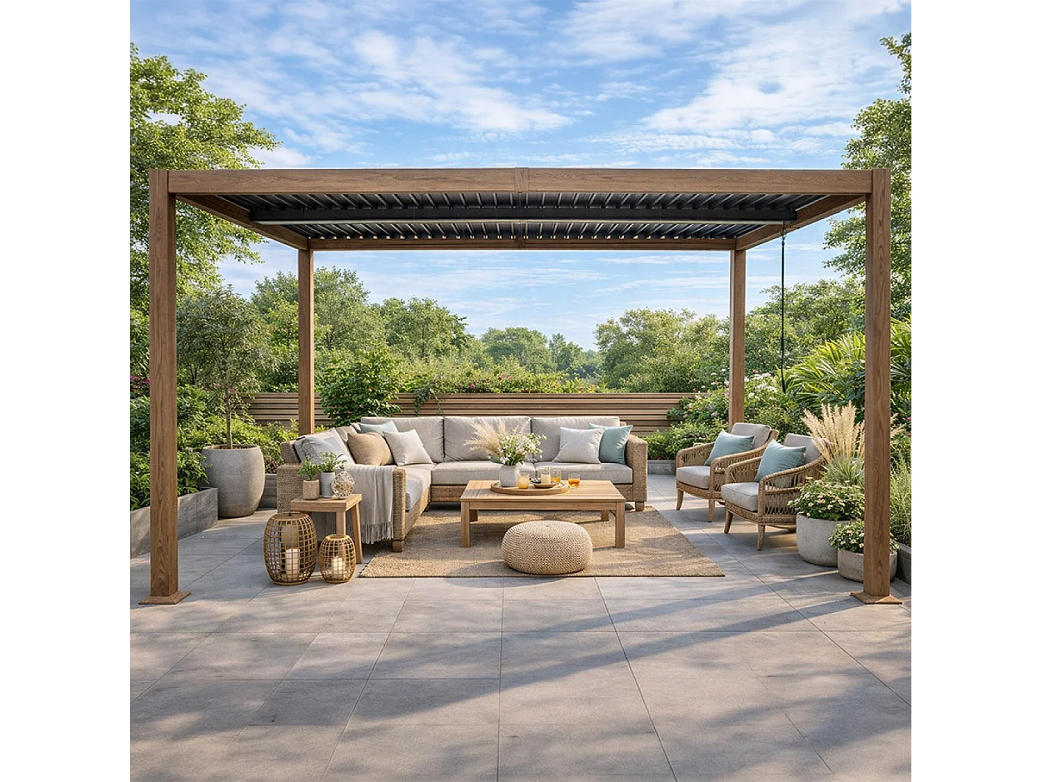 Pergola bioclimatique structure et lames orientables en aluminium effet bois 4x3m RHODES