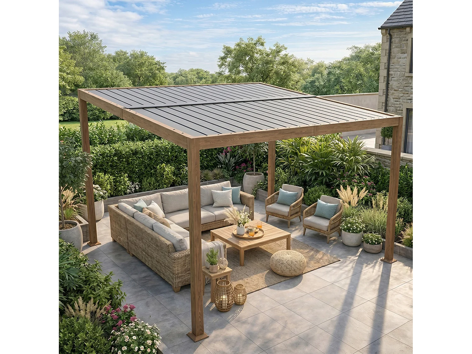 Pergola bioclimatique structure et lames orientables en aluminium effet bois 4x3m RHODES