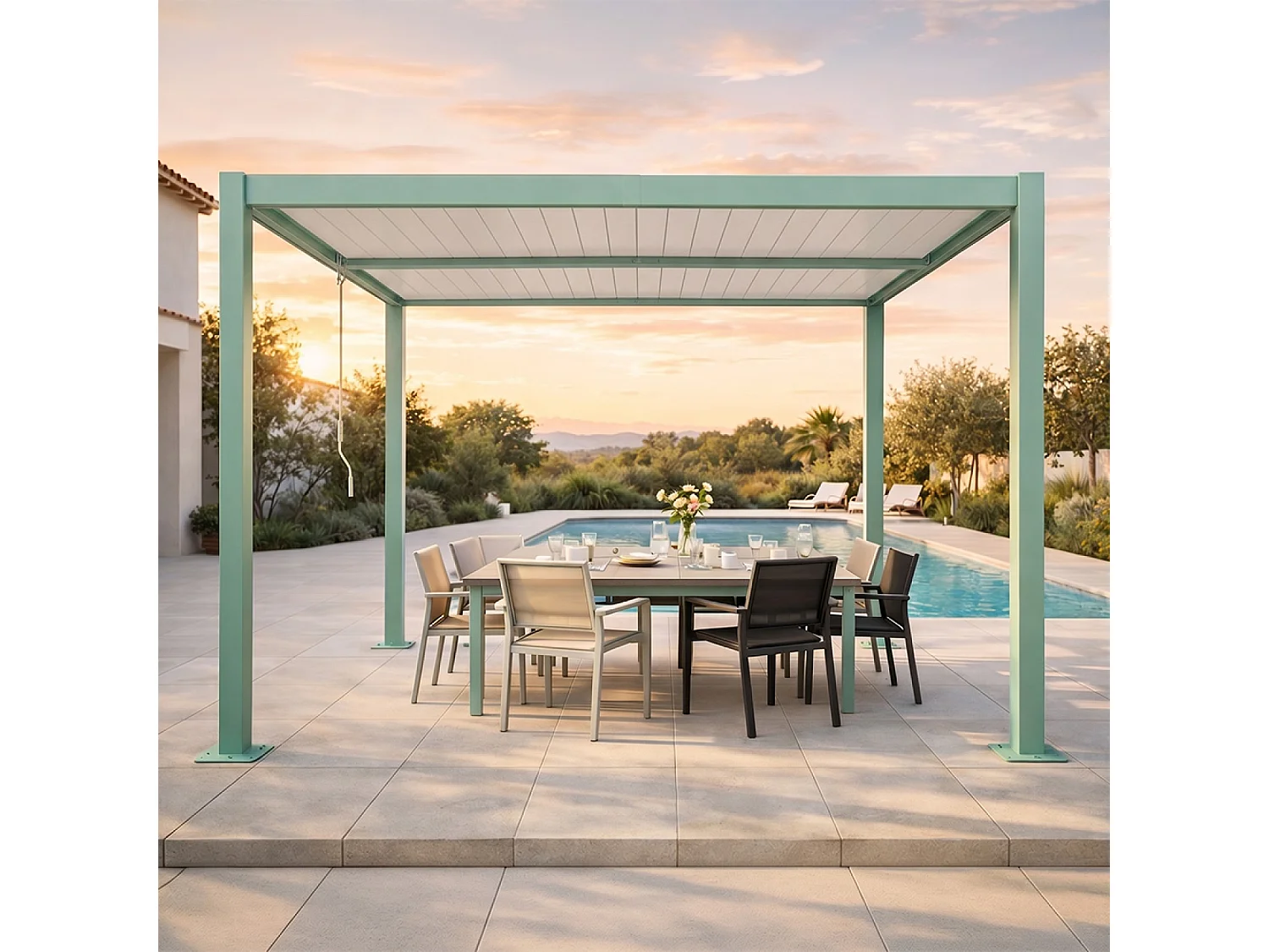 Pergola bioclimatique structure et lames orientables en aluminium vert 3x3m RHODES