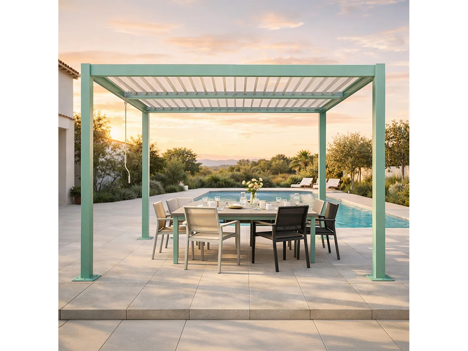 Pergola bioclimatique structure et lames orientables en aluminium vert 3x3m RHODES