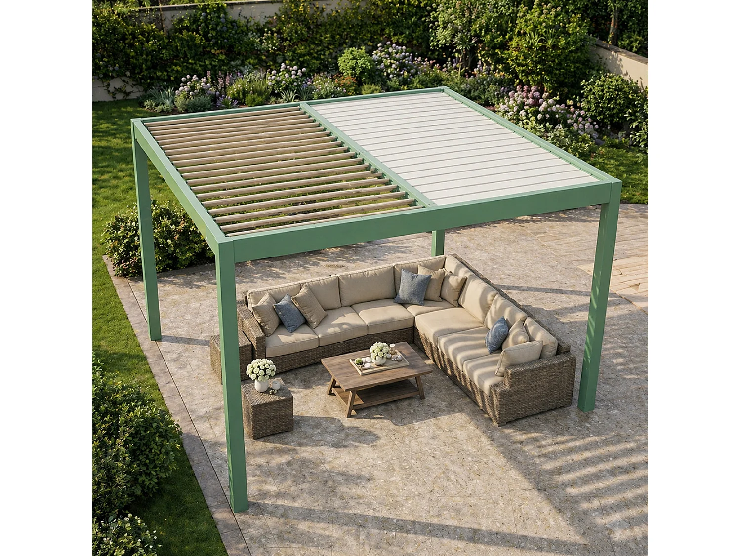 Pergola bioclimatique structure et lames orientables en aluminium vert 3x3m RHODES
