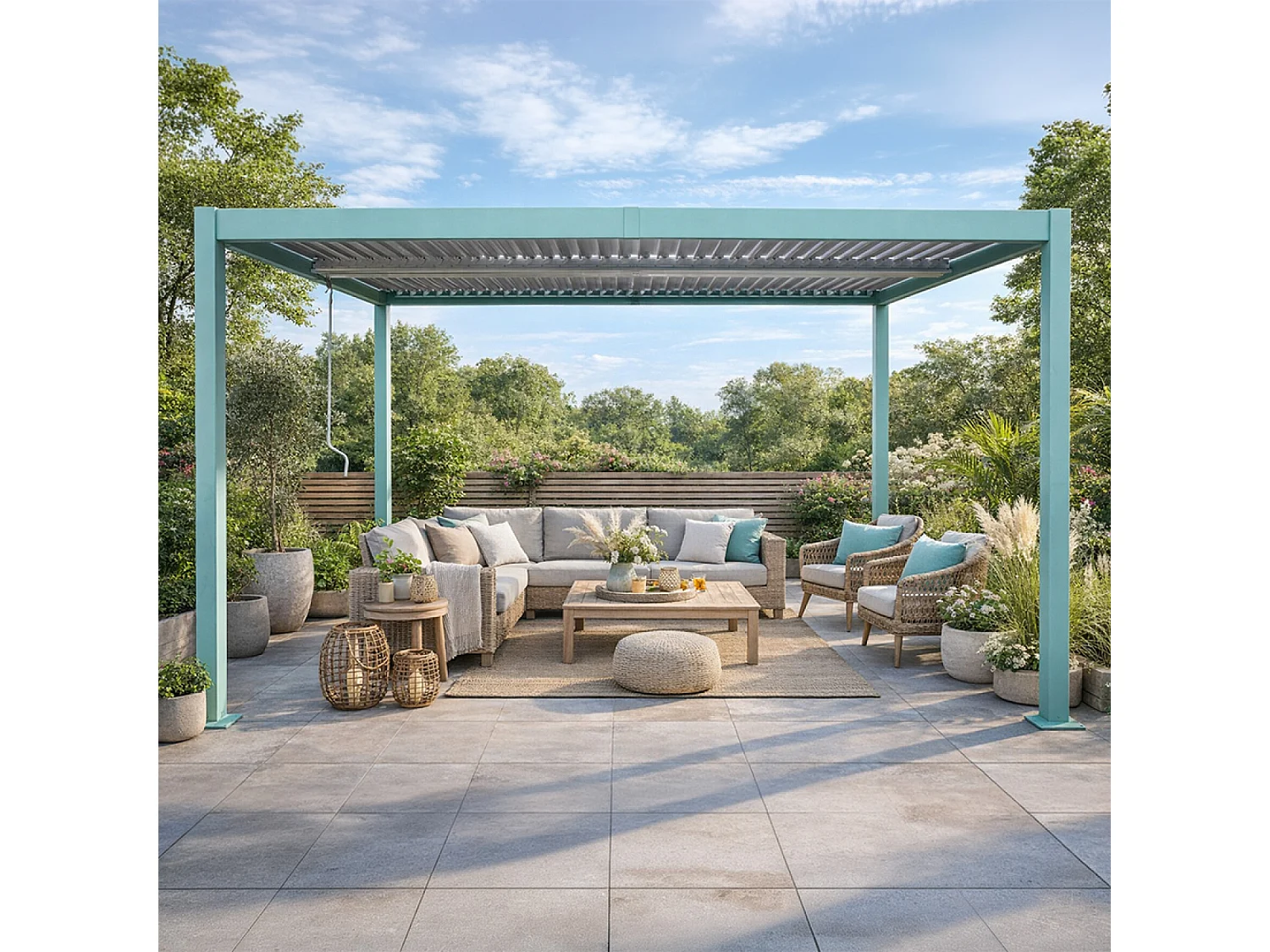 Pergola bioclimatique structure et lames orientables en aluminium vert 4x3m RHODES