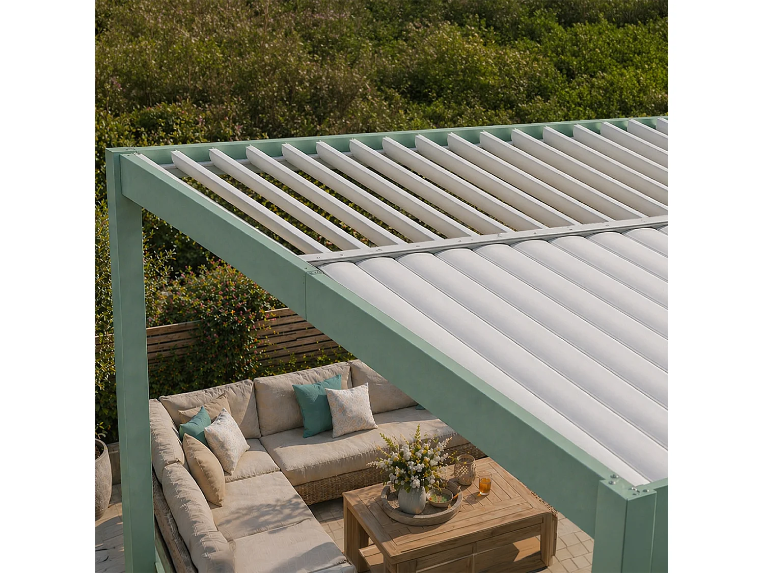 Pergola bioclimatique structure et lames orientables en aluminium vert 4x3m RHODES