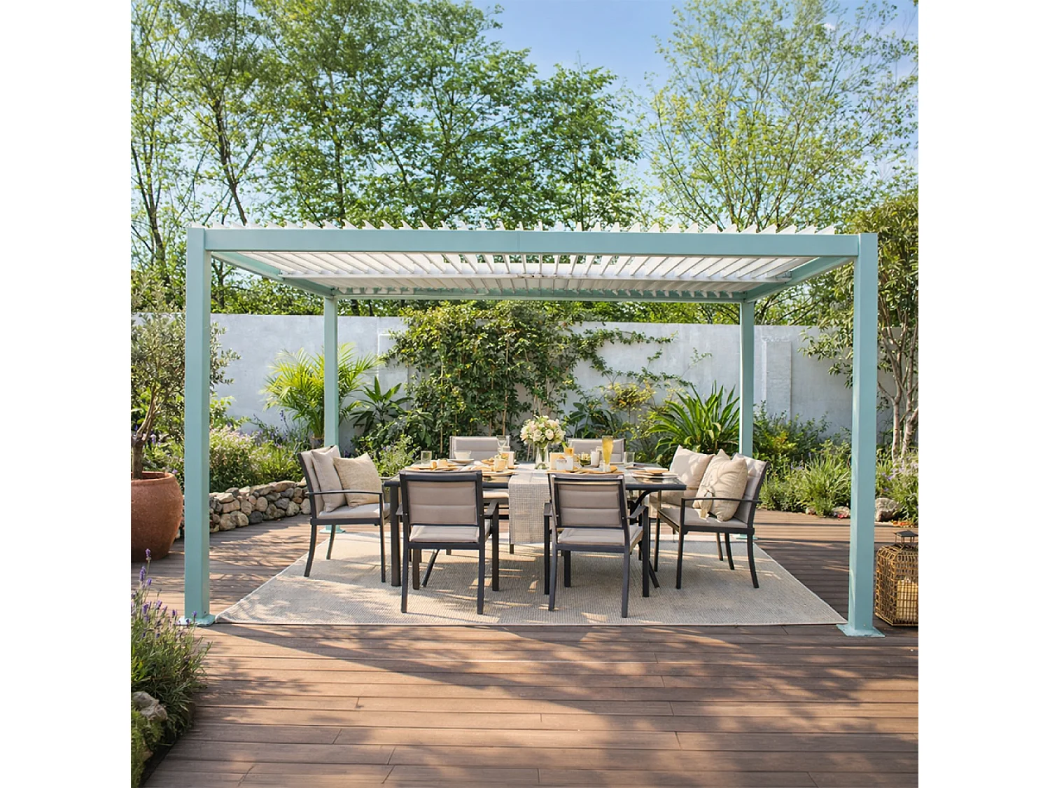 Pergola bioclimatique structure et lames orientables en aluminium vert 4x3m RHODES