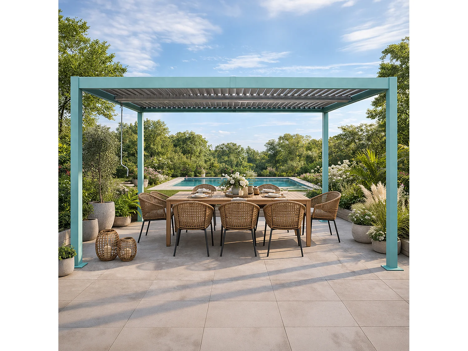Pergola bioclimatique structure et lames orientables en aluminium vert 4x3m RHODES