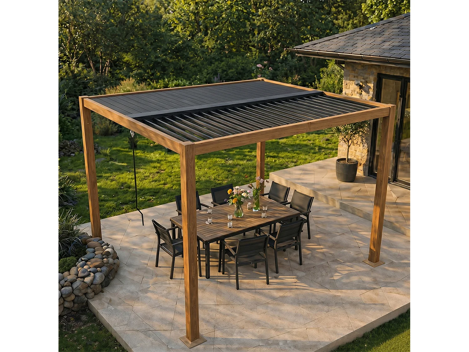 Pergola bioclimatique structure aluminium effet bois lames orientables 3x3m CORFU