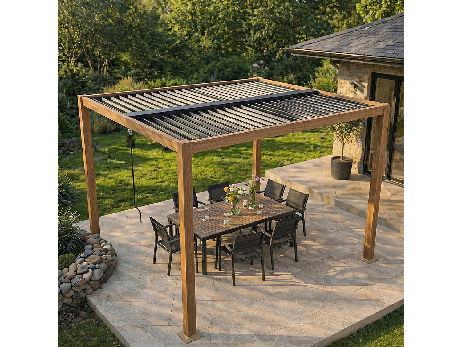 Pergola bioclimatique structure aluminium effet bois lames orientables 3x3m CORFU