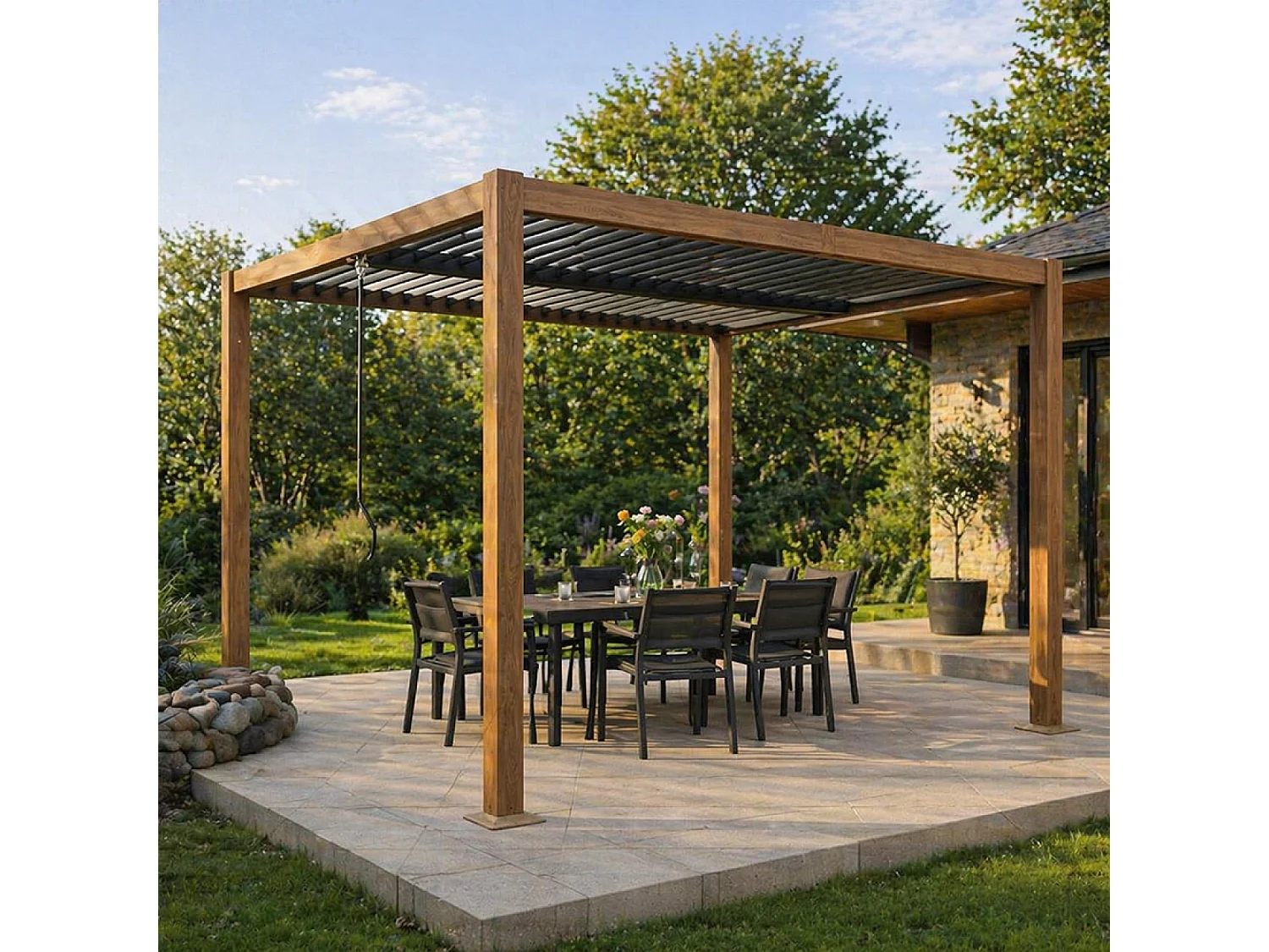 Pergola bioclimatique structure aluminium effet bois lames orientables 3x3m CORFU