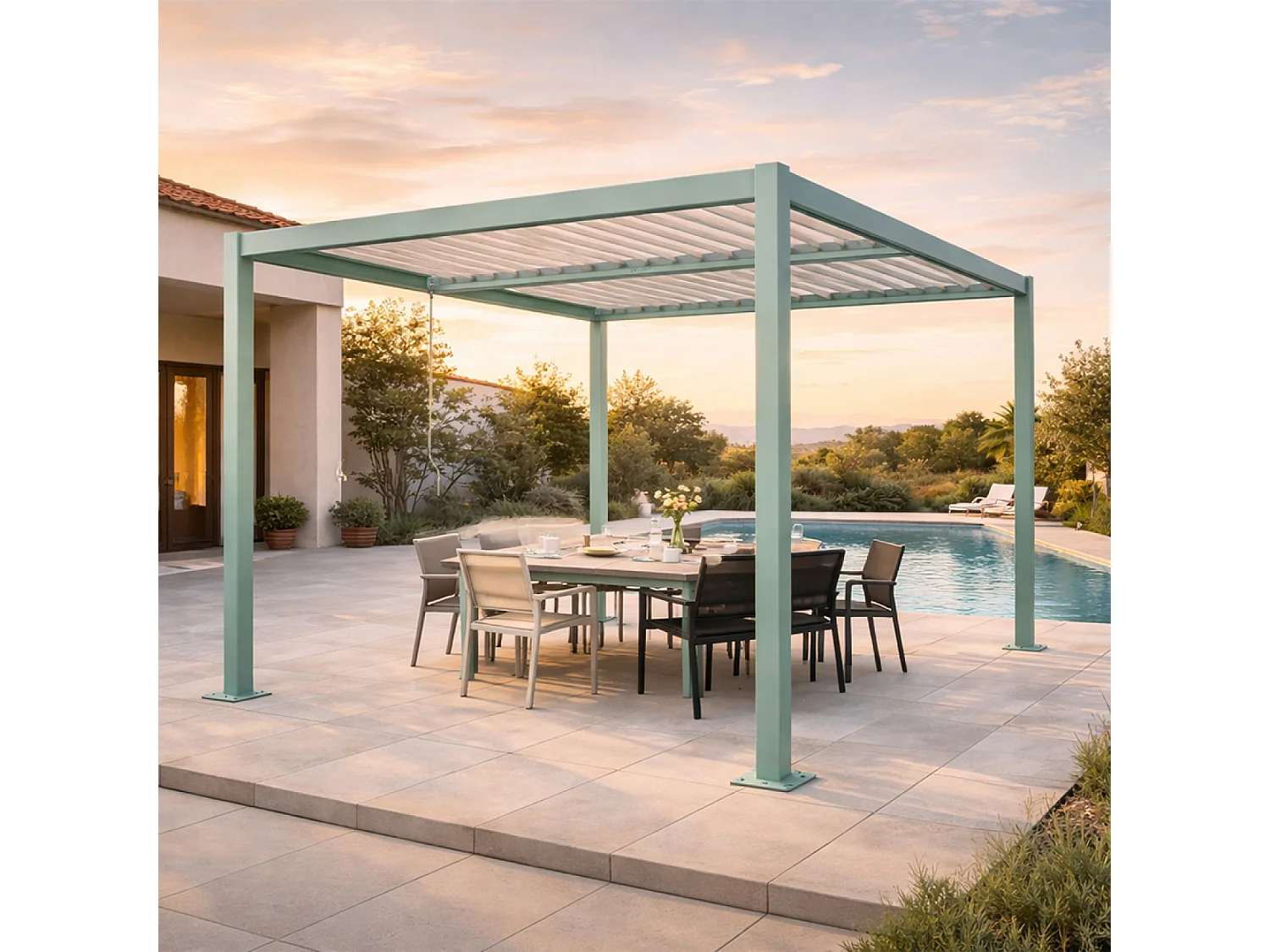Pergola bioclimatique structure aluminium vert lames orientables 3x3m CORFU