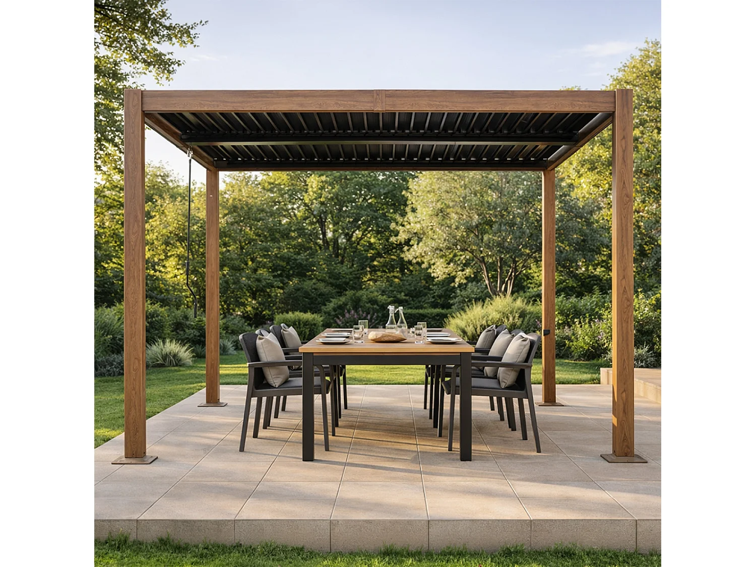 Pergola bioclimatique effet bois structure et lames orientables en aluminium 3x3m RHODES