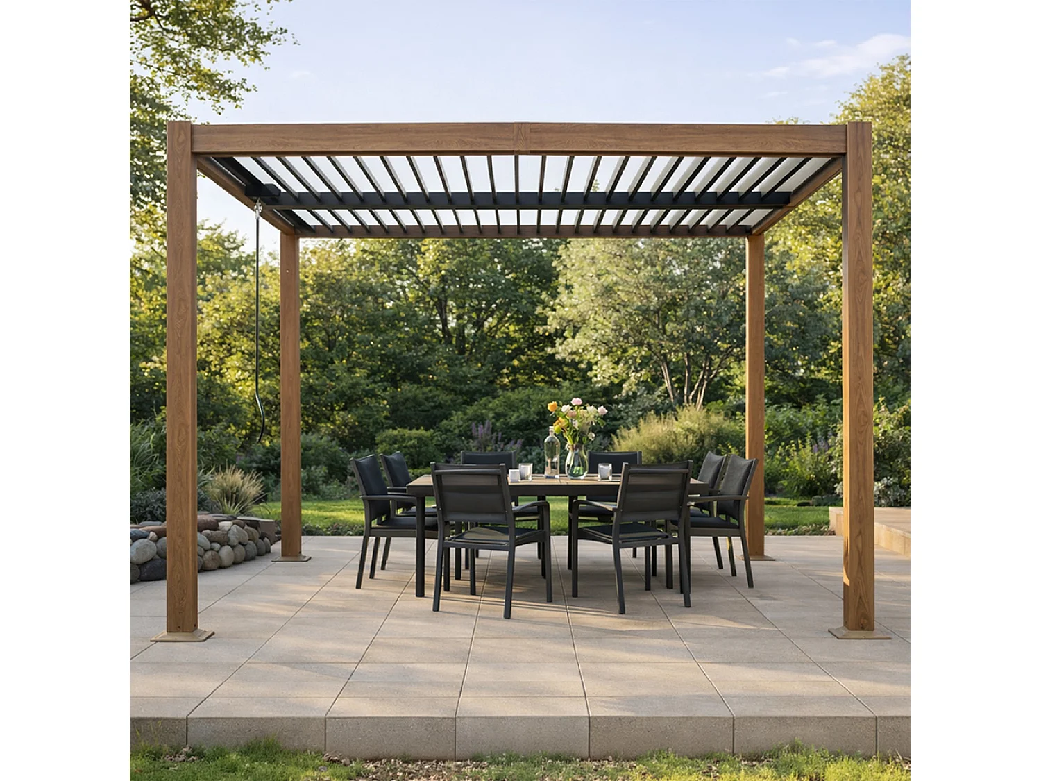 Pergola bioclimatique effet bois structure et lames orientables en aluminium 3x3m RHODES