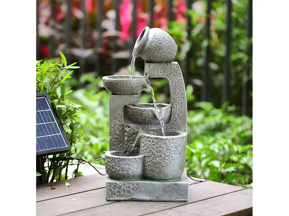 Grey Resin 5-Tier Solar Powered Cascading Bowl Water Fountain with LED Light - Small