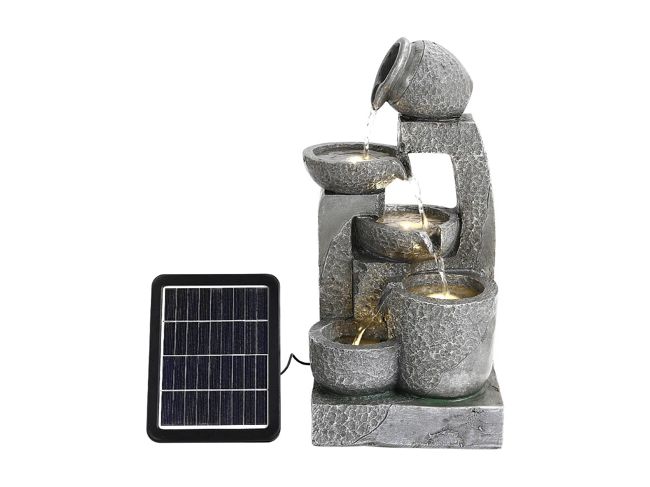 Grey Resin 5-Tier Solar Powered Cascading Bowl Water Fountain with LED Light - Small