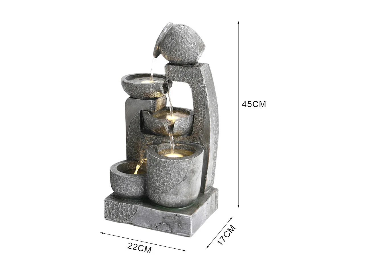 Grey Resin 5-Tier Solar Powered Cascading Bowl Water Fountain with LED Light - Small