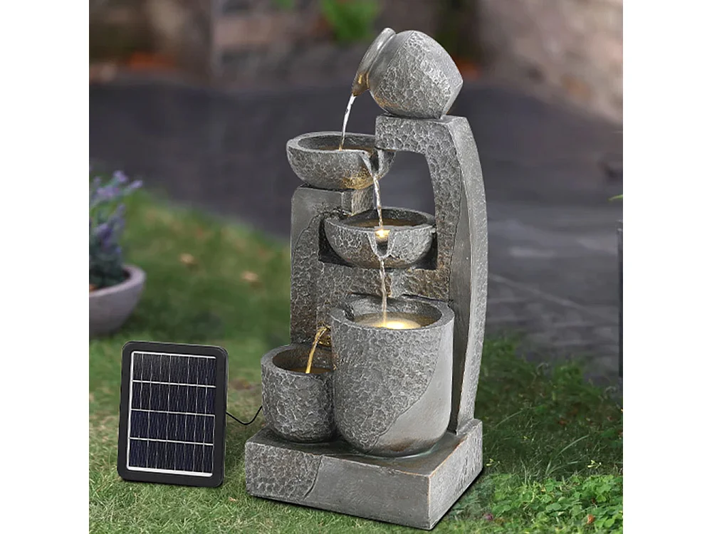 Grey Resin 5-Tier Solar Powered Cascading Bowl Water Fountain with LED Light - Large