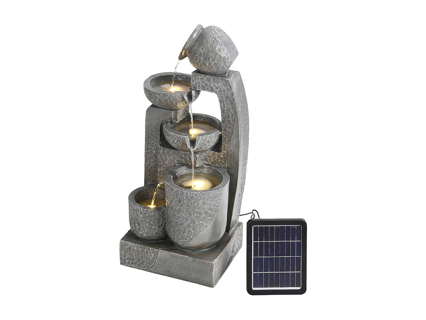 Grey Resin 5-Tier Solar Powered Cascading Bowl Water Fountain with LED Light - Large
