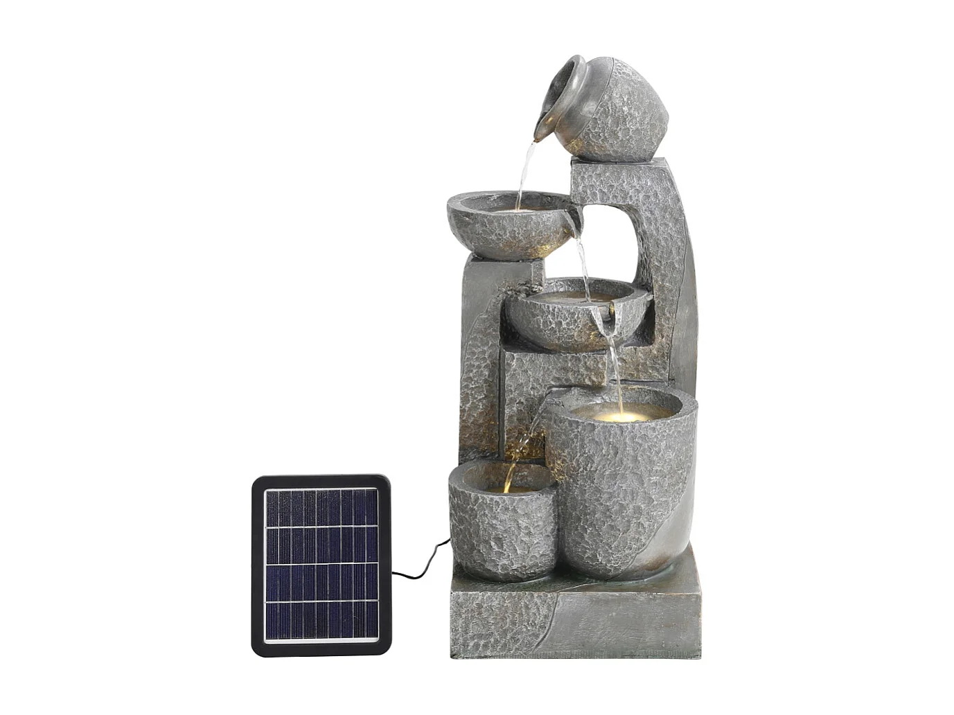 Grey Resin 5-Tier Solar Powered Cascading Bowl Water Fountain with LED Light - Large