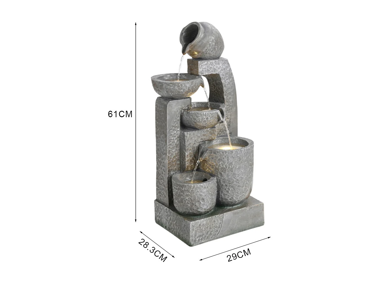 Grey Resin 5-Tier Solar Powered Cascading Bowl Water Fountain with LED Light - Large