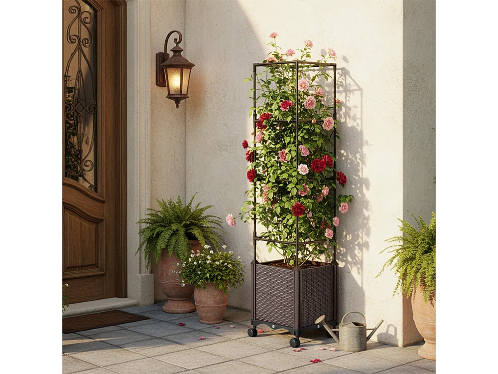 Rattan Effect Plastic & Metal Planter Box with 4-Tier Trellis - Deepened Base