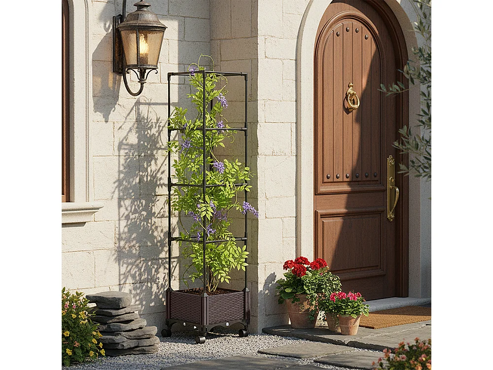 Rattan Effect Plastic & Metal Planter Box with 4-Tier Trellis