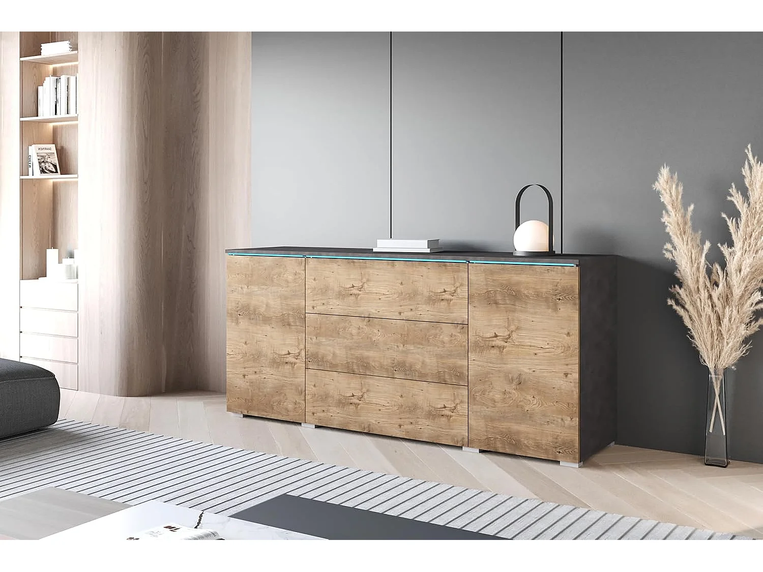 Aparador VERA 150 cm, cómoda de salón, cajonera, muebles de salón, iluminación LED incluida, color matera/castaño