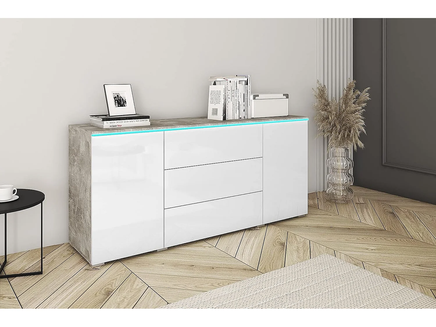 Dressoir VERA 150 cm, woonkamercommode, ladenkast, woonkamermeubels, inclusief led-verlichting, kleur betonlook/wit hoogglans