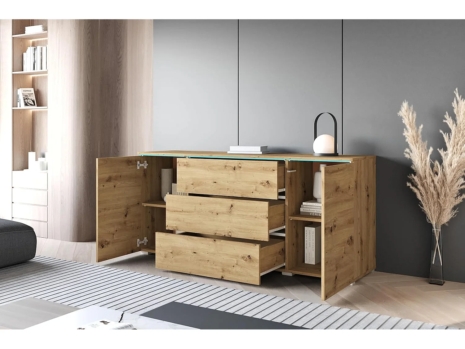 Dressoir VERA 150 cm, woonkamercommode, ladenkast, woonkamermeubels, inclusief led-verlichting, kleur artisan eiken