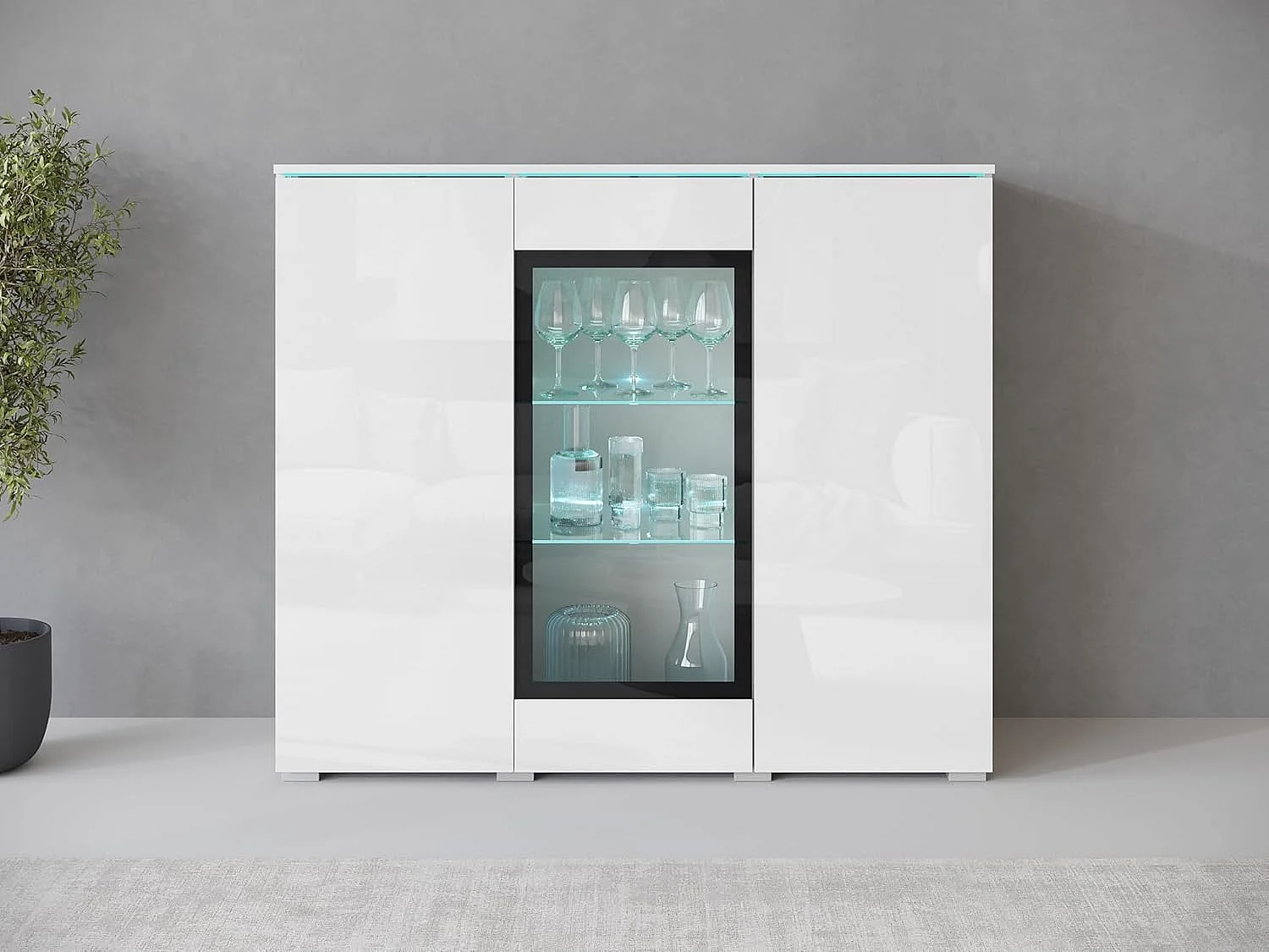 Bahut VERA 120 cm, commode de séjour, chiffonnier, meubles de salon, éclairage LED inclus, couleur blanc/blanc brillant