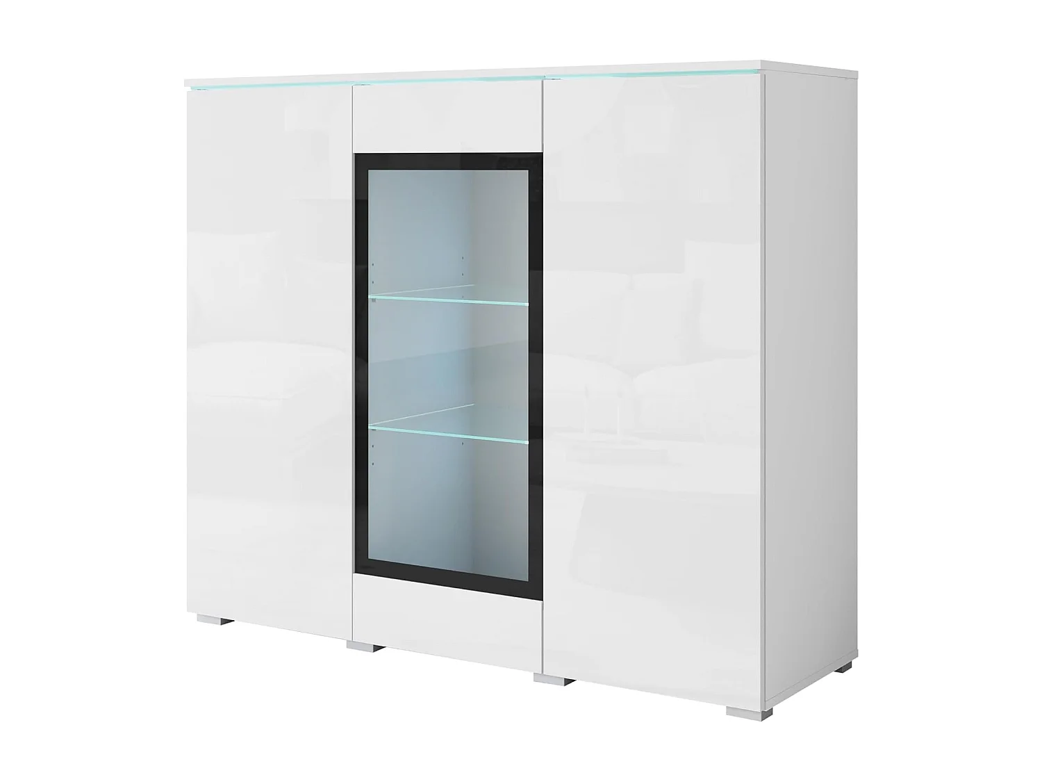 Bahut VERA 120 cm, commode de séjour, chiffonnier, meubles de salon, éclairage LED inclus, couleur blanc/blanc brillant