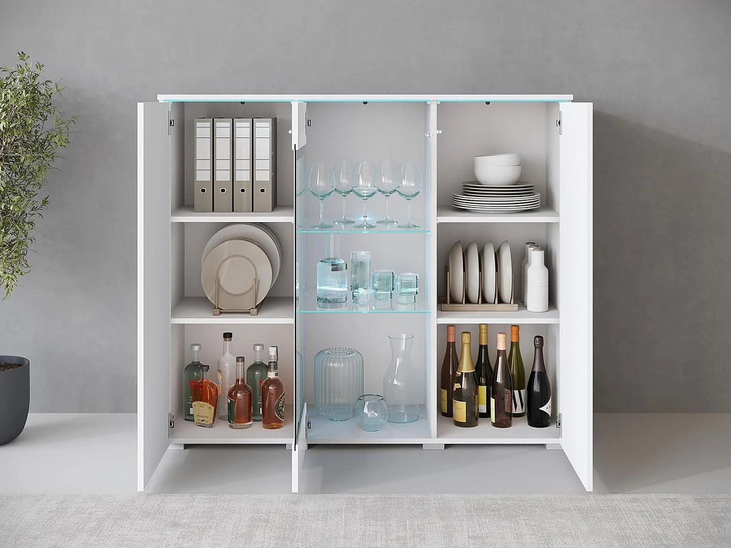 Bahut VERA 120 cm, commode de séjour, chiffonnier, meubles de salon, éclairage LED inclus, couleur blanc/blanc brillant