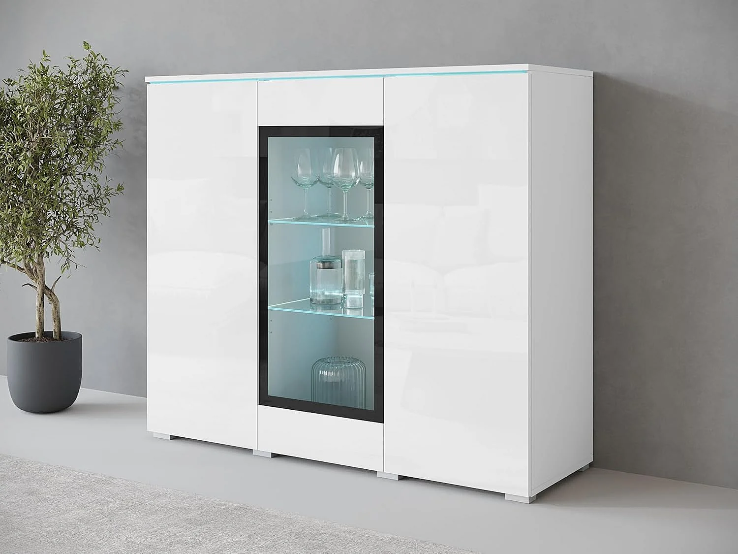 Bahut VERA 120 cm, commode de séjour, chiffonnier, meubles de salon, éclairage LED inclus, couleur blanc/blanc brillant