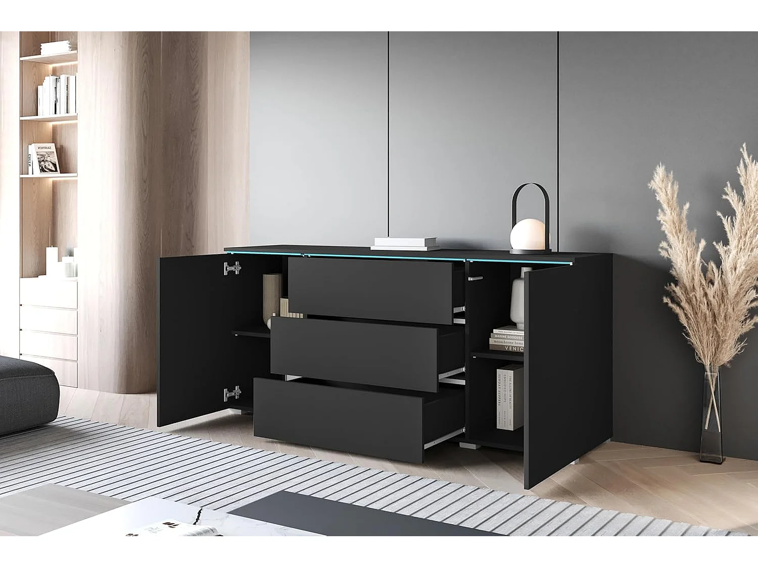 Madia VERA 150 cm, credenza soggiorno, cassettiera, mobili soggiorno, illuminazione LED inclusa, colore nero opaco