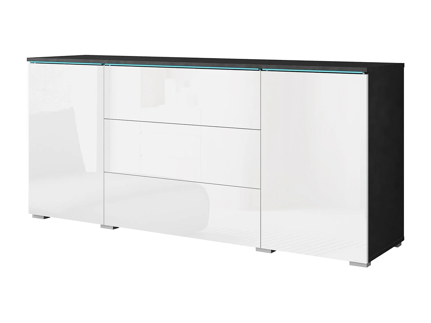 Aparador VERA 150 cm, cómoda de salón, cajonera, muebles de salón, iluminación LED incluida, color matera/blanco brillo