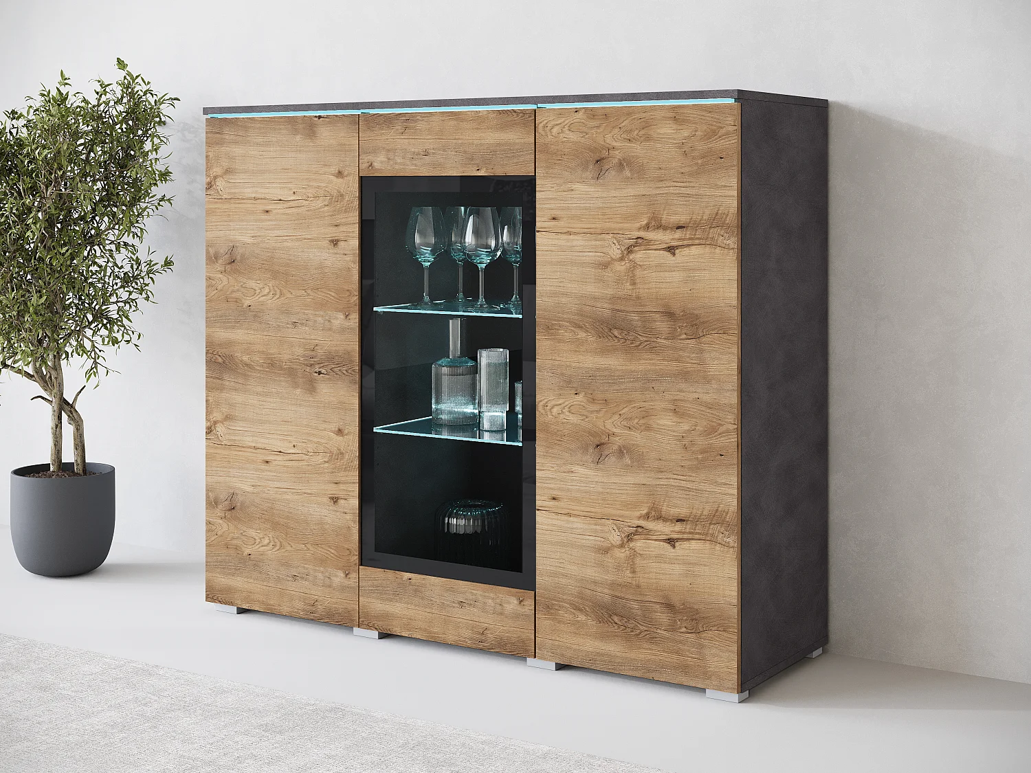 Bahut VERA 120 cm, commode de séjour, chiffonnier, meubles de salon, éclairage LED inclus, couleur matera/châtaignier