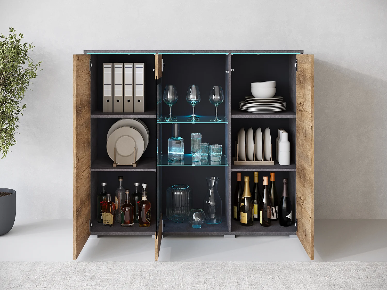 Bahut VERA 120 cm, commode de séjour, chiffonnier, meubles de salon, éclairage LED inclus, couleur matera/châtaignier