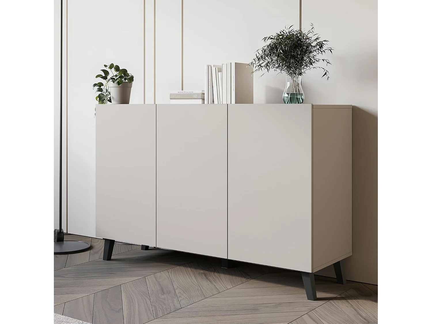 Dressoir PHUKET 120 cm met 3 deuren, commode op poten, woonkamermeubel, kleur beige cashmere
