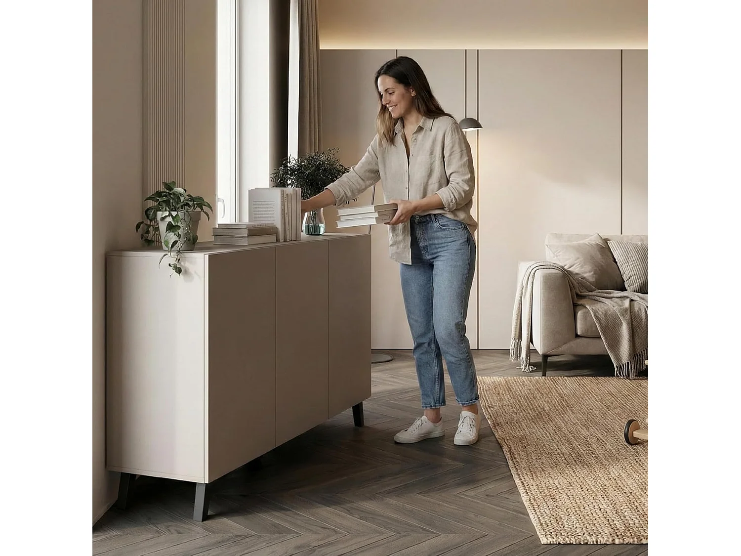 Dressoir PHUKET 120 cm met 3 deuren, commode op poten, woonkamermeubel, kleur beige cashmere