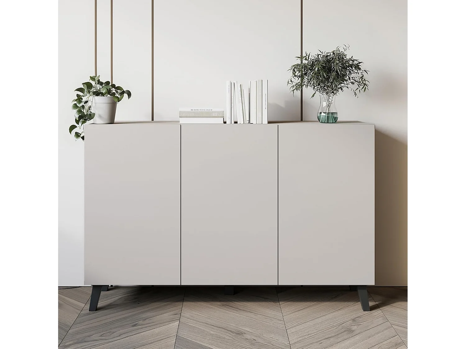 Dressoir PHUKET 120 cm met 3 deuren, commode op poten, woonkamermeubel, kleur beige cashmere
