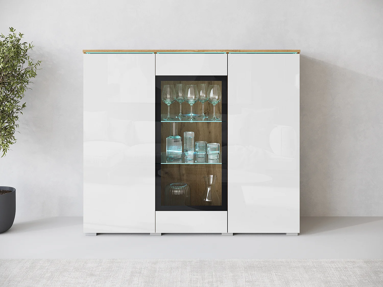 Bahut VERA 120 cm, commode de séjour, chiffonnier, meubles de salon, éclairage LED inclus, couleur wotan/blanc brillant