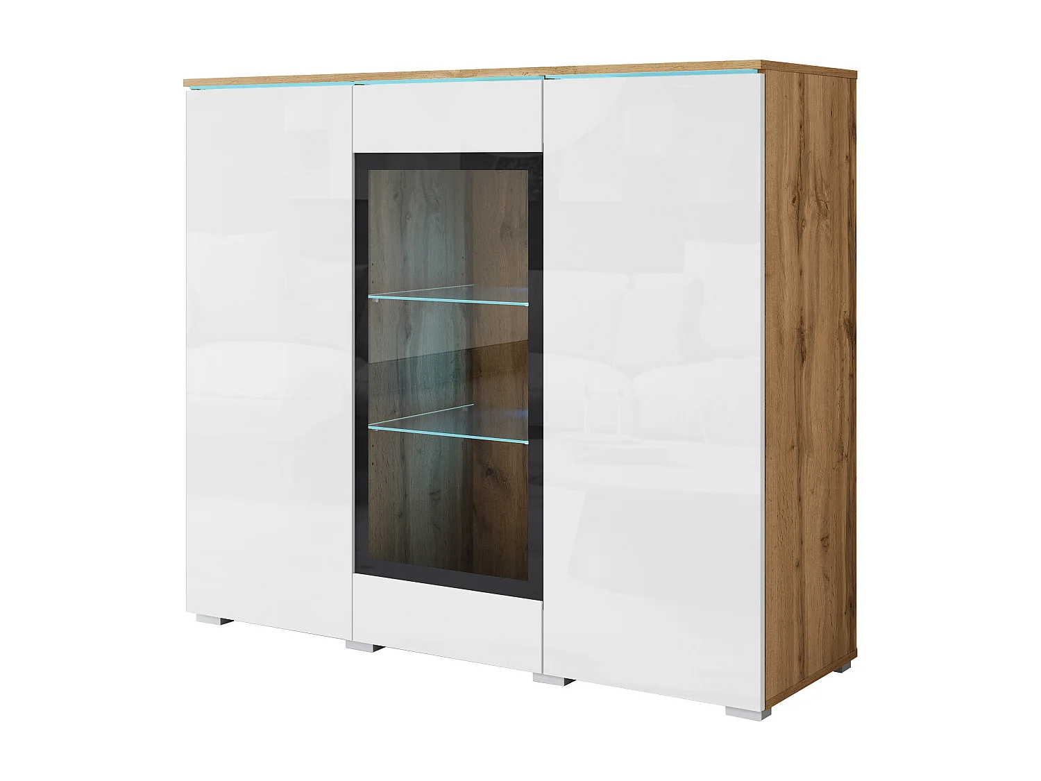 Bahut VERA 120 cm, commode de séjour, chiffonnier, meubles de salon, éclairage LED inclus, couleur wotan/blanc brillant