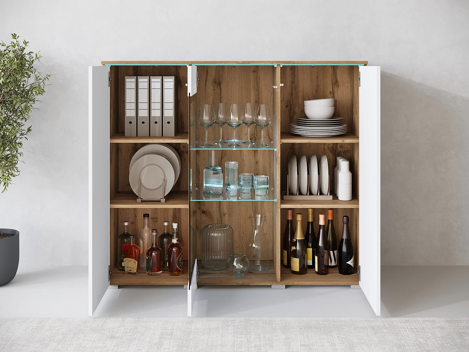 Bahut VERA 120 cm, commode de séjour, chiffonnier, meubles de salon, éclairage LED inclus, couleur wotan/blanc brillant