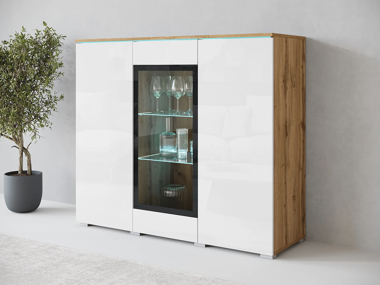 Bahut VERA 120 cm, commode de séjour, chiffonnier, meubles de salon, éclairage LED inclus, couleur wotan/blanc brillant