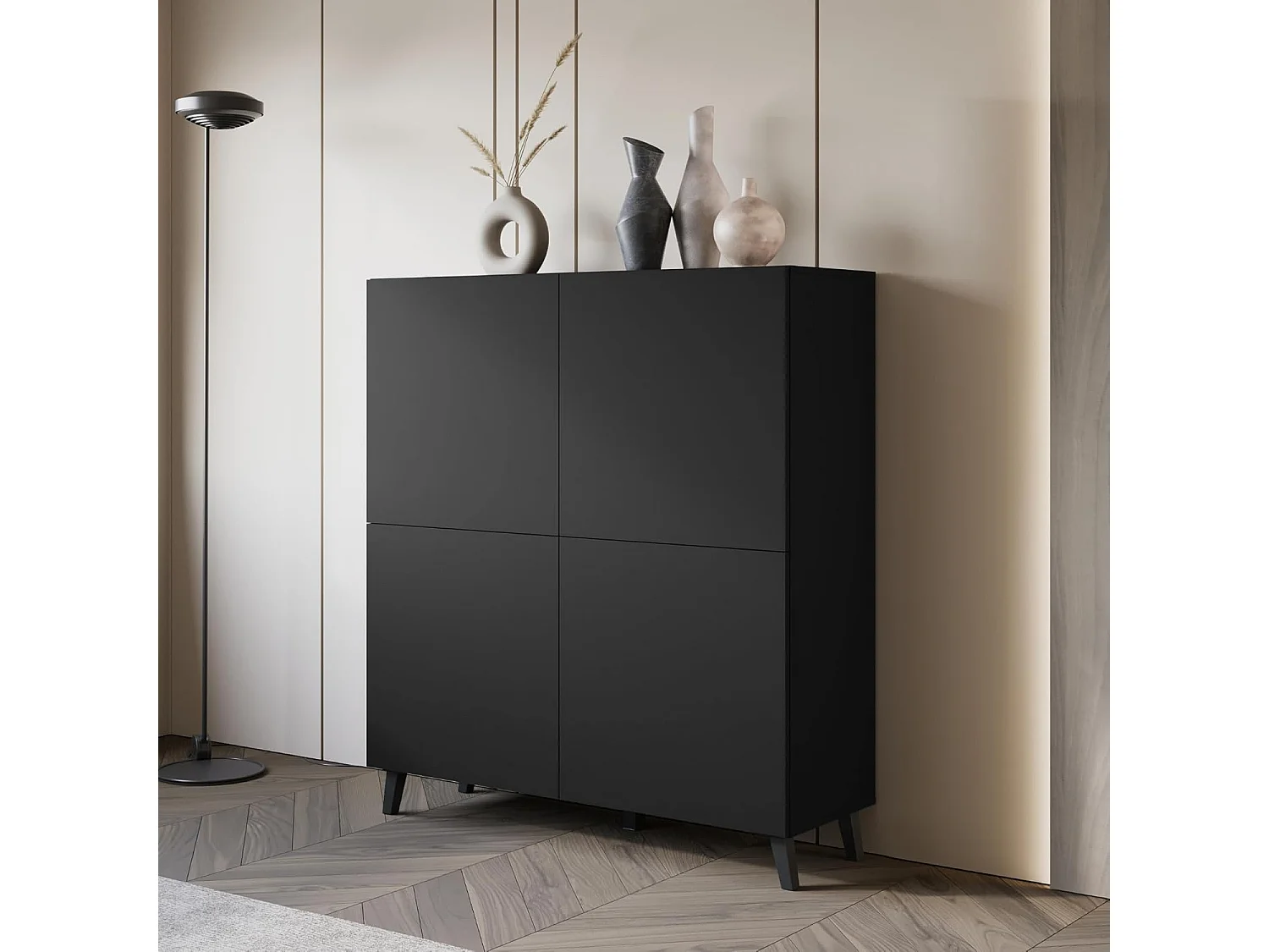 Dressoir PHUKET 120x120 cm met 4 deuren, commode op poten, woonkamermeubel, kleur zwart
