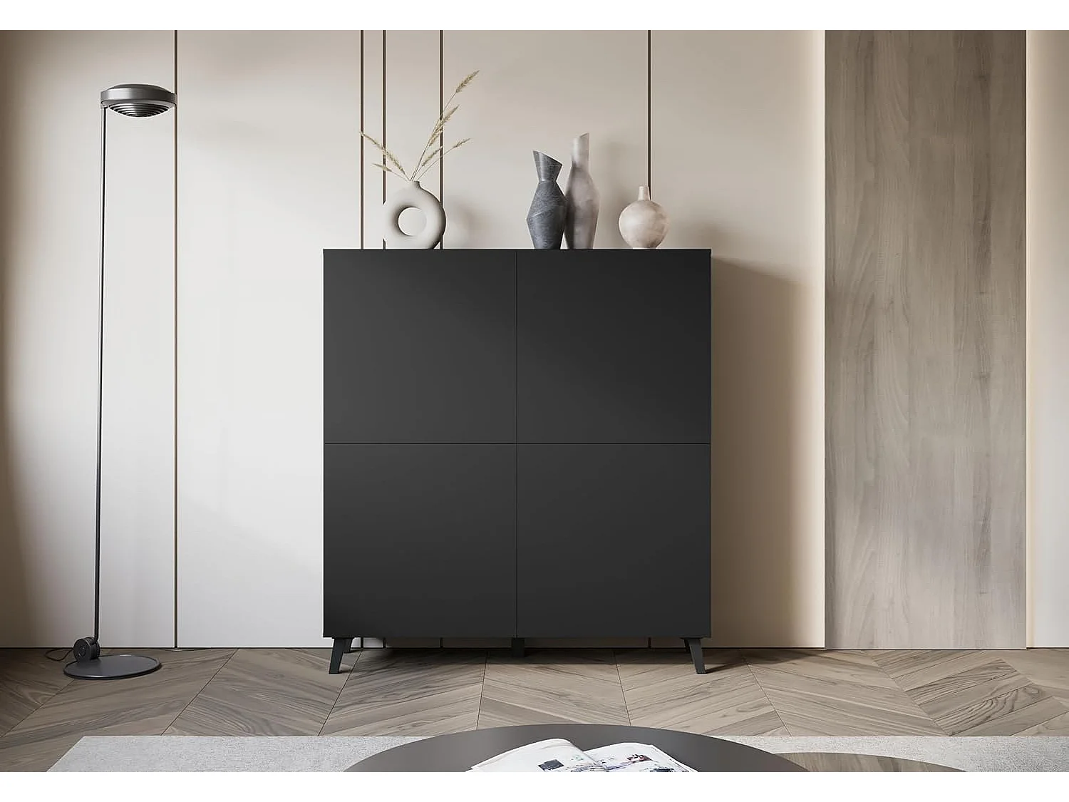 Dressoir PHUKET 120x120 cm met 4 deuren, commode op poten, woonkamermeubel, kleur zwart