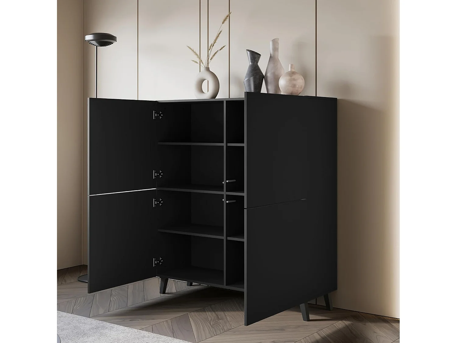 Dressoir PHUKET 120x120 cm met 4 deuren, commode op poten, woonkamermeubel, kleur zwart