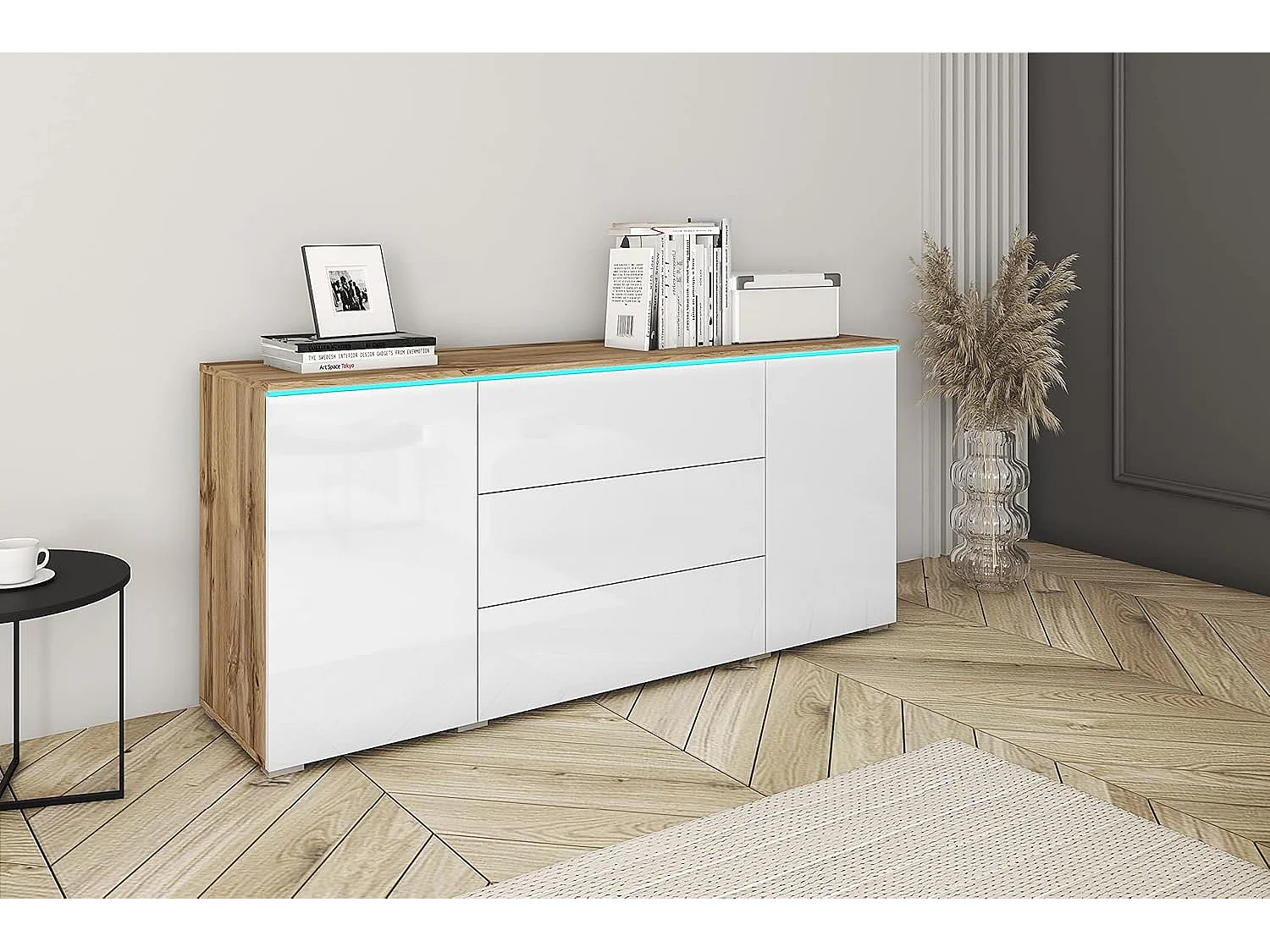 Aparador VERA 150 cm, cómoda de salón, cajonera, muebles de salón, iluminación LED incluida, color wotan/blanco brillo