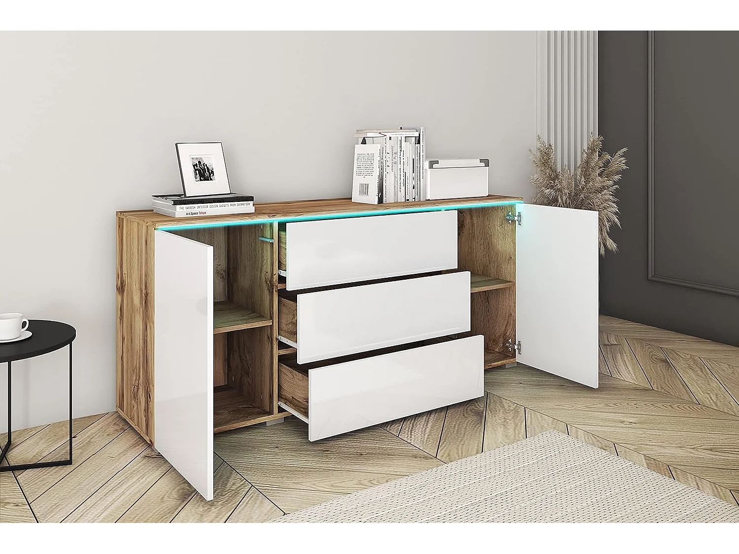 Aparador VERA 150 cm, cómoda de salón, cajonera, muebles de salón, iluminación LED incluida, color wotan/blanco brillo